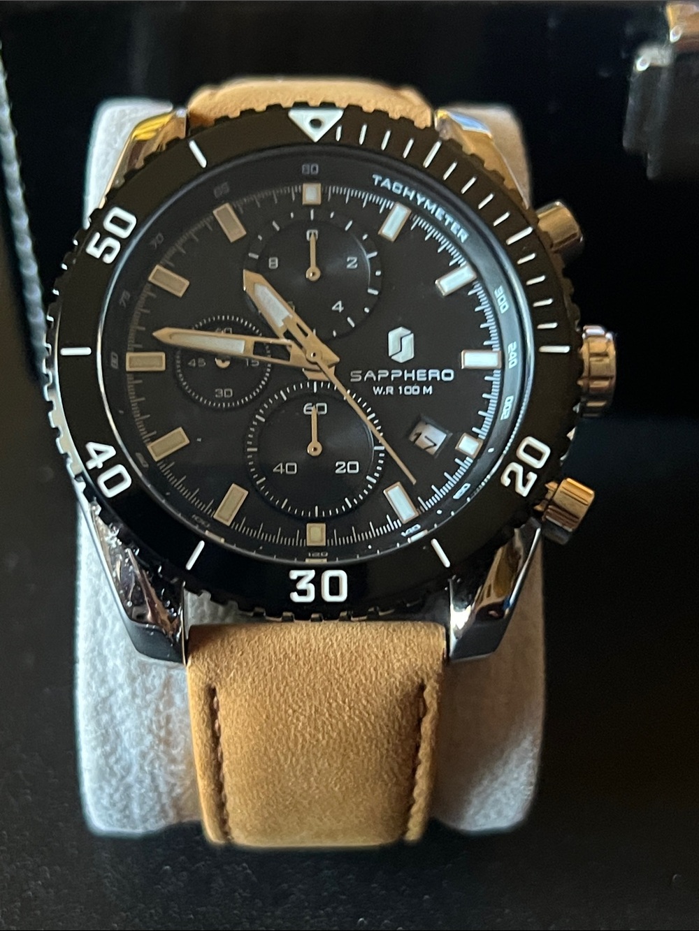 Men's sapphero Black Dial Chronograph Watch Tan Leather Strap